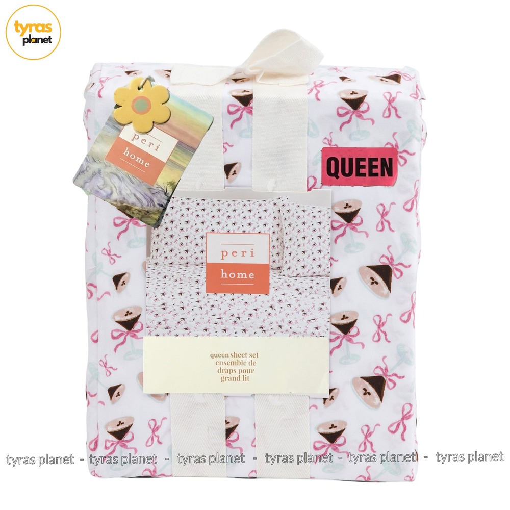 Peri Home Espresso Martini Pink Bow Coquette Queen Sheet Set 4pc White Novelty